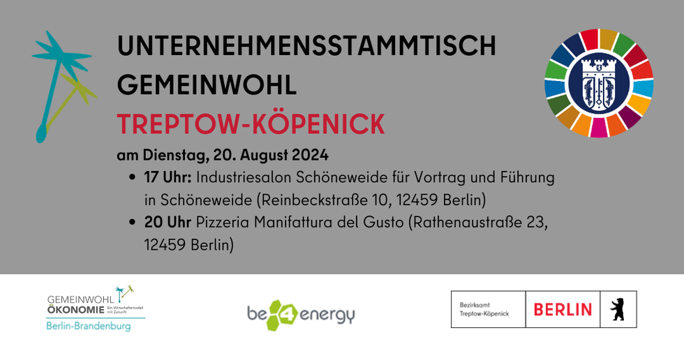 Banner zum Gemeinwohl-Unternehmens-Stammtisch mit Datum 20.08.2024