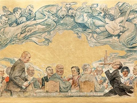 Bildvergrößerung: Wandmalerei von Menschen, die an einem Tisch sitzen und essen, trinken und rauchen. Der Rauch steigt auf und ergibt ein weiteres Bild: zwei Fronten, die miteinander streiten und kämpfen.