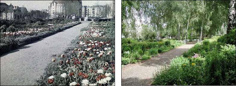 Fotovergleich historisch und heute - Gepflegte Gartenanlagen auf dem Karolingerplatz