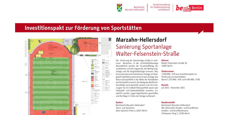 Bauschild zur Sanierung der Sportanlage Walter-Felsenstein-Straße