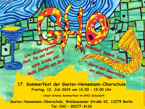 Bildvergrößerung: Grafik zum 17. Sommerfest der Gustav-Heinemann-Oberschule am Freitag, den 12. Juli 2024 von 16 bis 19 Uhr.