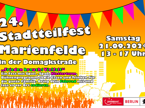 Bildvergrößerung: Grafik zum 24. Stadtteilfest Marienfelde in der Domagkstraße am Samstag, 21. September 2024 13 bis 17 Uhr.