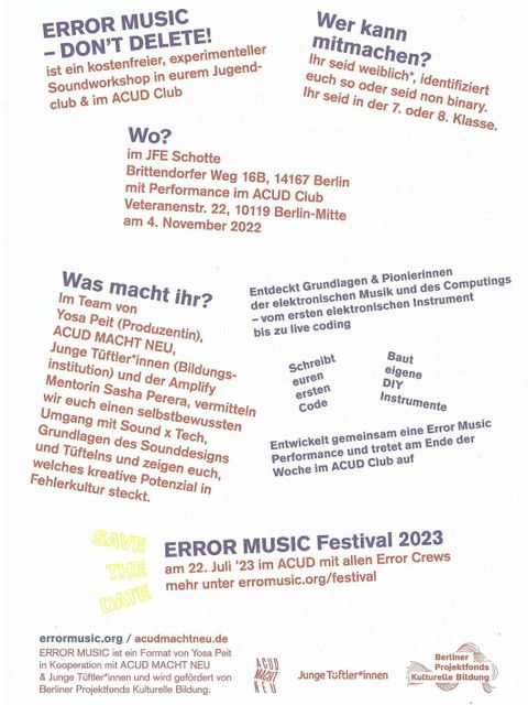 Bildvergrößerung: Error Music Soundworkshop für Mädchen* (31.10.-04.11.2022) des Nachbarschaftshauses Wannseebahn e.V. (Inhalt)