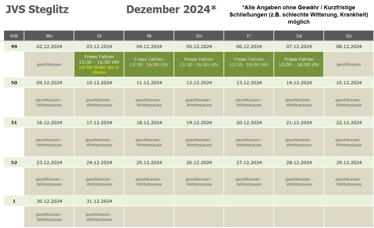 Öffnungszeiten JVS Steglitz Dezember 2024