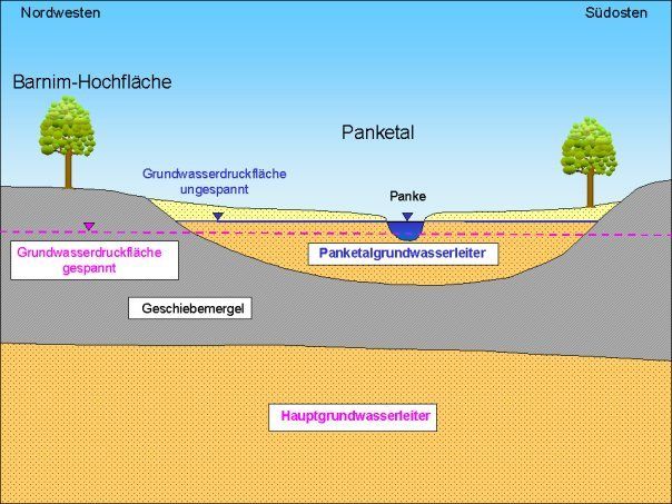 Abb. 8 Der ungespannte Panketalgrundwasserleiter (GWL 1) im nordwestlichen Bereich der Barnim-Hochfläche liegt über dem Hauptgrundwasserleiter (GWL 2), der hier gespannt ausgebildet ist