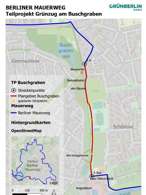 Bildvergrößerung: Karte des Berliner Mauerwegs: Teilprojekt Grünzug am Buschgraben mit geplanten Erneuerungen und Streckenpunkten.