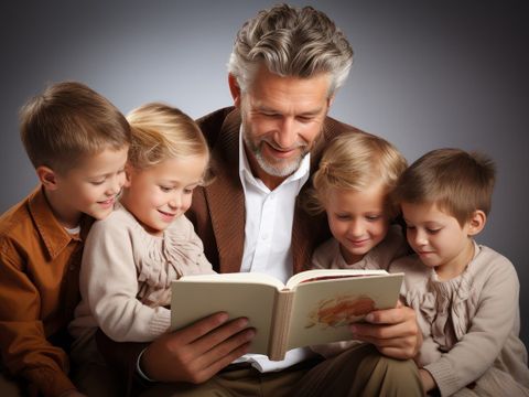 Mann liest Kindern aus einem Buch vor
