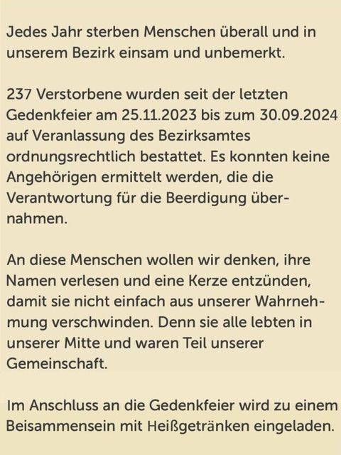 Bildvergrößerung: Einladung zur Gedenkfeier für die in Einsamkeit Verstorbenen in Steglitz-Zehlendorf (2024, Vorderseite)