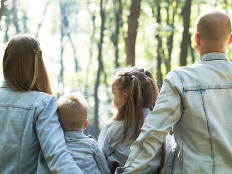 Die Fotografie zeigt eine Familie im Wald.