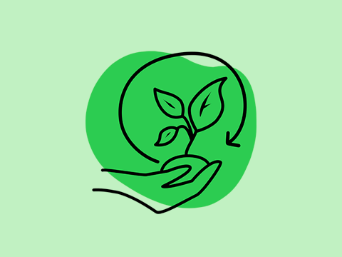 Icon Nachhaltigkeit VHS Pankow - Hand hält Pflanze und eine gebogener Pfeil umschließt die Pflanze