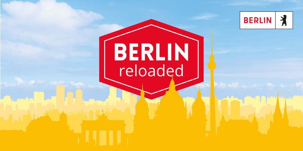 Eine Grafik mit der Berliner Skyline und dem Schriftzug "Berlin reloaded".