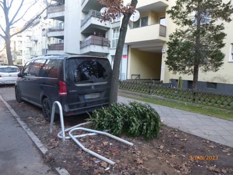  ein Auto steht dicht an einem Baum. Daneben liegen herausgezogenen Absperrungen.