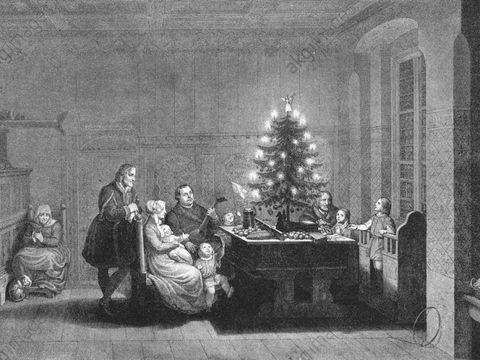 Luther im Kreis seiner Familie Weihnachten 1536 von Carl August Schwerdgeburth, Stahlradierung 1843