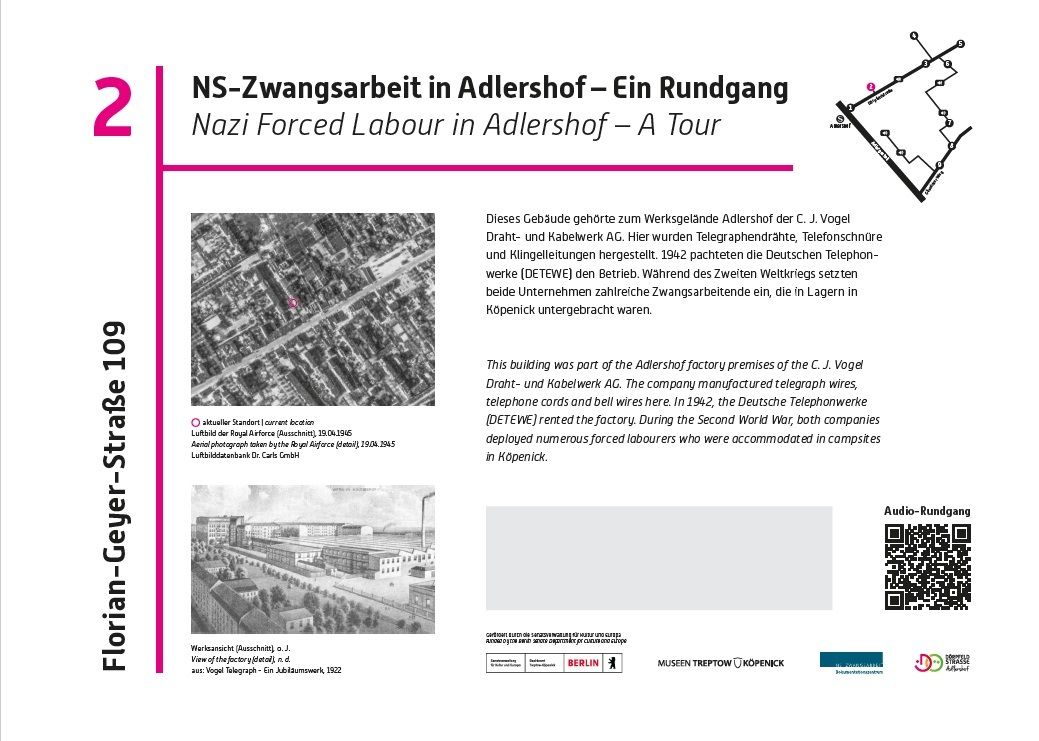 Gedenktafel Audiorundgang NS-Zwangsarbeit Adlershof Station 2 - Florian-Geyer-Straße 109