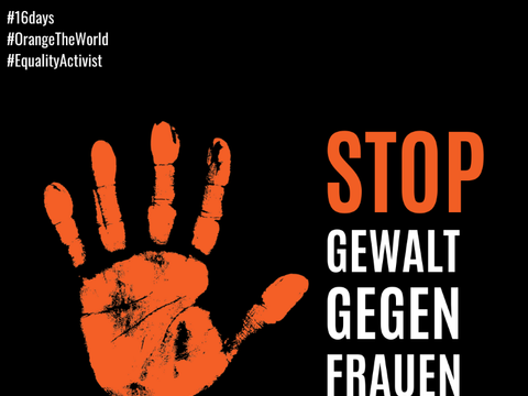 Orangener Handabdruck mit Aussage: "Stop Gewalt gegen Frauen" - Logo: UN Women Deutschland und Hashtags #16days, #OrangeTheWorld, #EqualityActivist