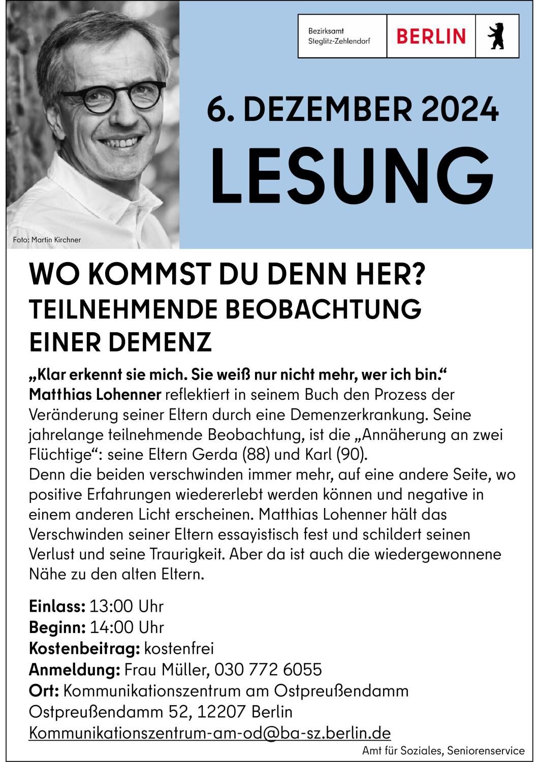 Plakat Lesung am 6. Dezember 2024 im Kommunikationszentrum am Ostpreußendamm