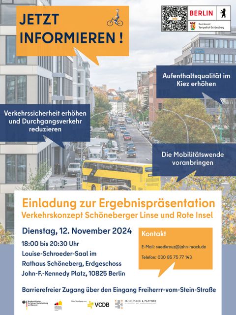 Bildvergrößerung: Einladungsplakat zur Ergebnispräsentation des Verkehrskonzepts Schöneberger Linse und Rote Insel am Dienstag, den 12. November 2024 von 18:00 bis 20:30 Uhr im Louise-Schroeder-Saal im Rathaus Schöneberg.