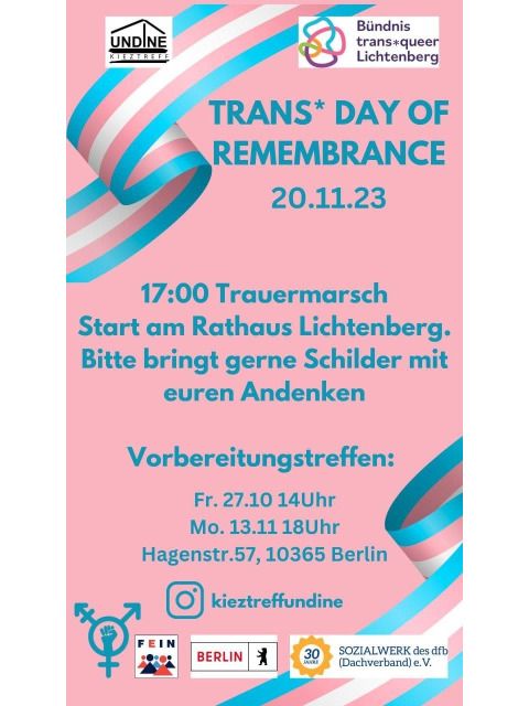 Bildvergrößerung: Plakat zum trans* day of remberance am 20.11.2023 17 Uhr, Trauermarsch - Start am Rathaus Lichtenberg