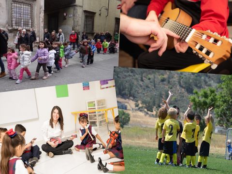 4 Bilder Fußballverein, Kindergruppe, Gitarrenunterricht und Musikunterricht