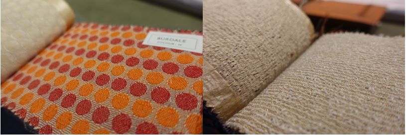 Stoff "Burdale" (links, Jacquard) und "Eldrig" (rechts, Bouclé). Design: Otti Berger (1937) für Helios Ltd, Bolton, nahe Manchester, Archive of the Whitworth Art Gallery, The University of Manchester.