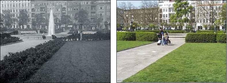 Fotovergleich historisch und heute - Brunnenanlage im Zentralrondell auf dem Meirendorffplatz