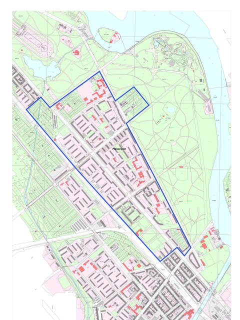 Bildvergrößerung: Karte zeigt die Gebietsabgrenzung zum Innenentwicklungskonzept Plänterwald, genordet, ohne Maßstab