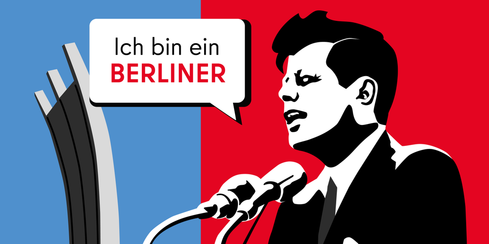 Eine Grafik: links ist auf blauen Hintergrund das Luftbrückendenkmal, eine Beton-Skulptur, die abstrakt den Ansatz eines Brückenbogens darstellt; rechts ist auf roten Hintergrund ein Mann, John-F.-Kennedy, und sagt "Ich bin ein Berliner".