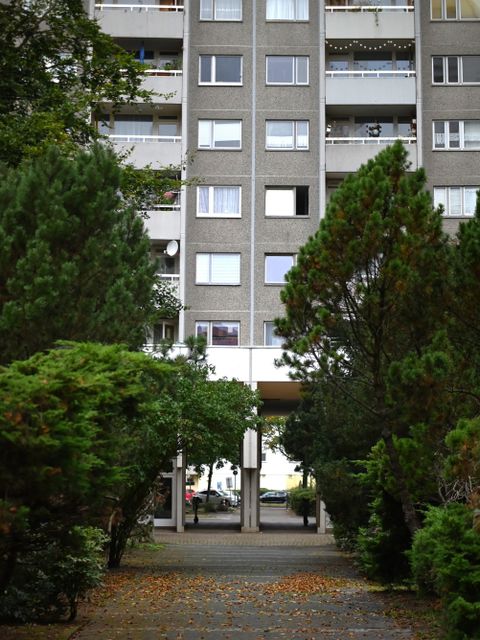 Blick durch den Gartenhof auf das Gropiushaus