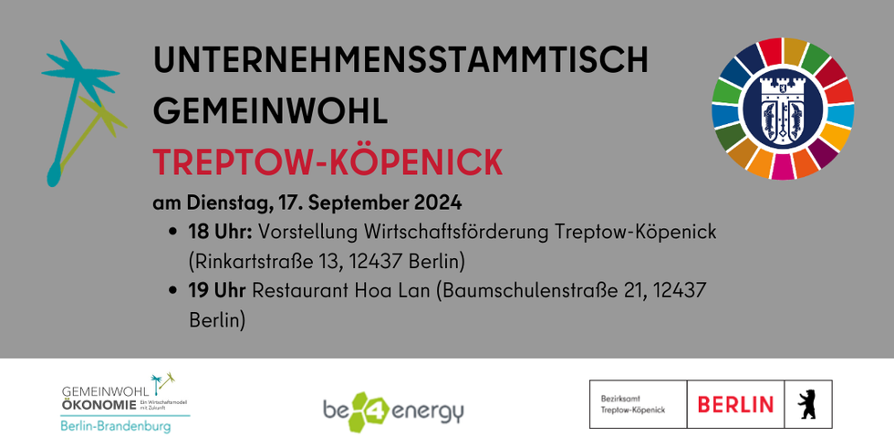 Banner zum Gemeinwohl-Unternehmens-Stammtisch mit Datum 17.09.2024