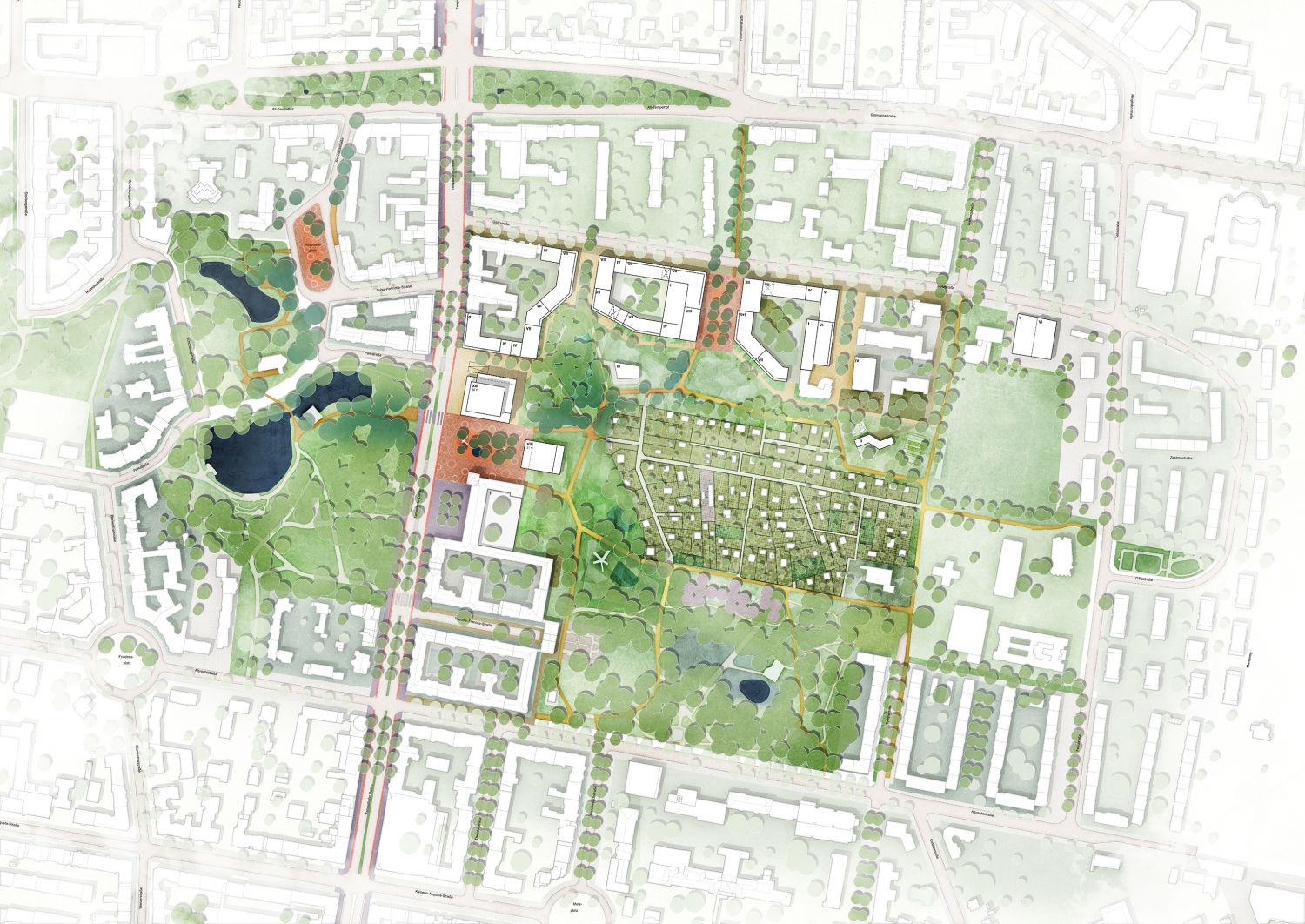 „Grüne Mitte Tempelhof“ - der Gewinnerentwurf von Teleinternetcafe Architektur und Urbanismus mit Treibhaus Landschaftsarchitektur