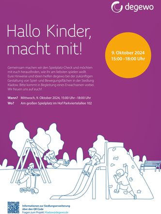 Plakat zum Beteiligungsverfahren mit Kindern zu den Spielflächen der degewo am 09. Oktober 2024