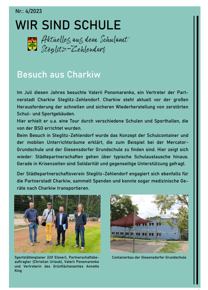 September 2023: Aktuelle Berichterstattung über städtepartnerschafts- und schulrelevante Themen im Schulrundbrief "Wir sind Schule" 04/2023