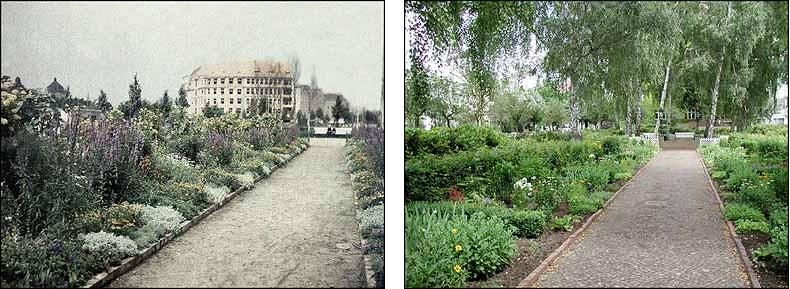 Fotovergleich historisch und heute - Staudenrabatten auf dem Karolingerplatz