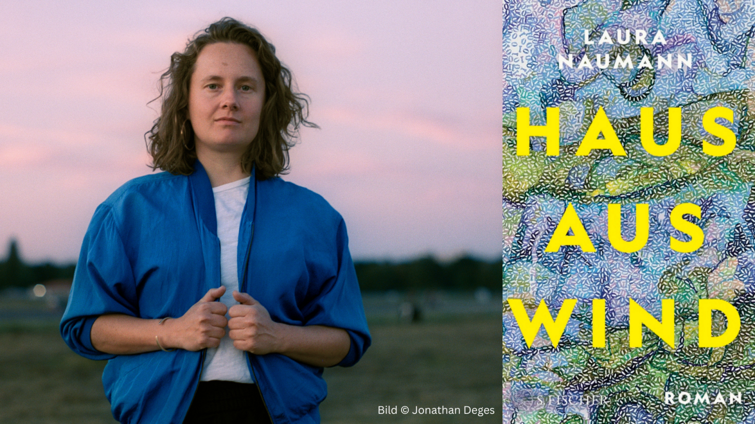 Buchcover und Portrait der Autorin in blauer Jacke vor Landschaft.