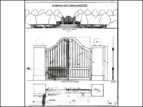 Erwin Barth - Sachsenplatz (Brixplatz), Entwurf zum Eingangstor am Biologischen Garten, M 1:50, 1:10, 1920, Bleistift/Transp.