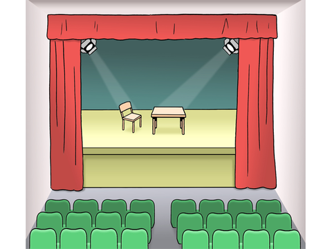 Die Zeichnung zeigt eine Theaterbühne.