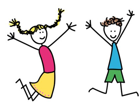 Kinderzeichnung von 4 fröhlichen Kindern als Strichmännchen die in die Luft springen