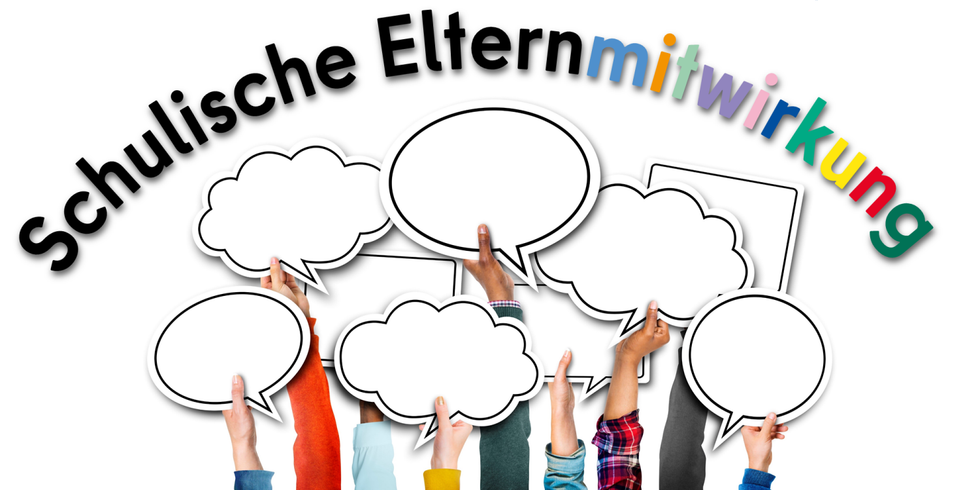 Schriftzug "Schulische Elternmitwirkung" über mehreren Händen, die Sprech- und Denkbasen in die Höhe halten