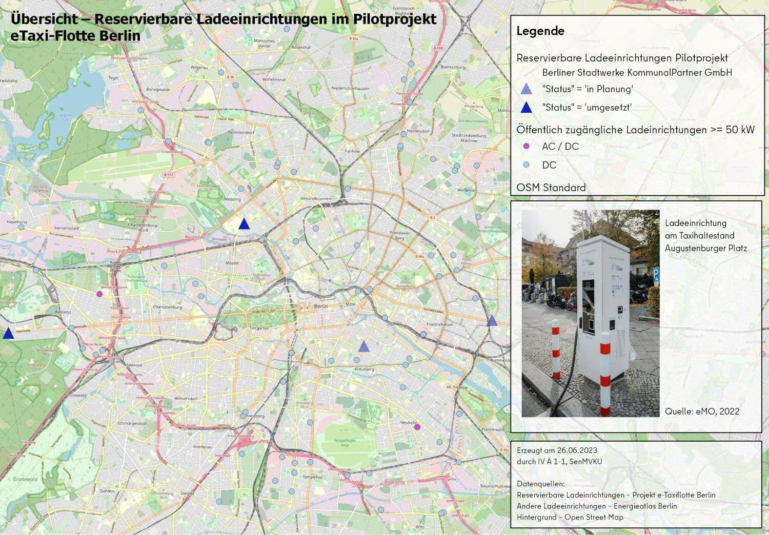 Übersichtskarte mit reservierbaren Ladeeinrichtungen im Pilotprojekt; E-Taxiladesäule am Augustenburger Platz
