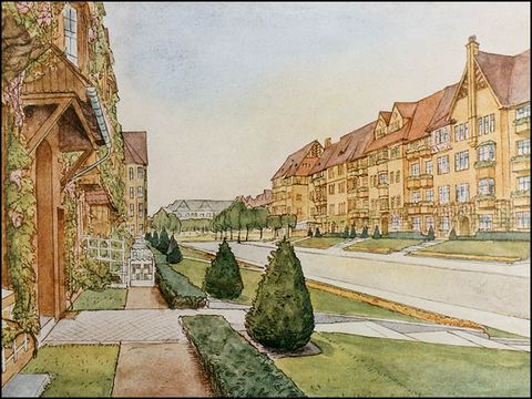 Gerhard Graf - Idealansicht der Landauer Straße mit Blick zum Rüdesheimer Platz (Berlinische Bodengesellschaft 1930)