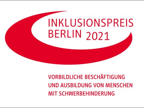 Logo mit der Aufschrift Inklusionspreis Berlin 2021 - Vorbildliche Beschäftigung und Ausbildung von Menschen mit Schwerbehinderung