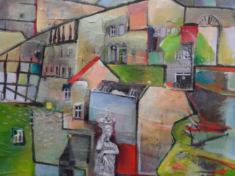 "Alte Stadt" - Collage von Antje Püpke aus schwarz-weiß Kopien von Fotografien architektonischer Elemente und angrenzender Landschaft einer alten Stadt - übermalt mit Acrylfarben in harmonischer Farbigkeit, pastellfarbend, Grün- und Rottöne, städtische Elemente und Baumgruppen sind detailliert hervorgehoben und erkennbar.