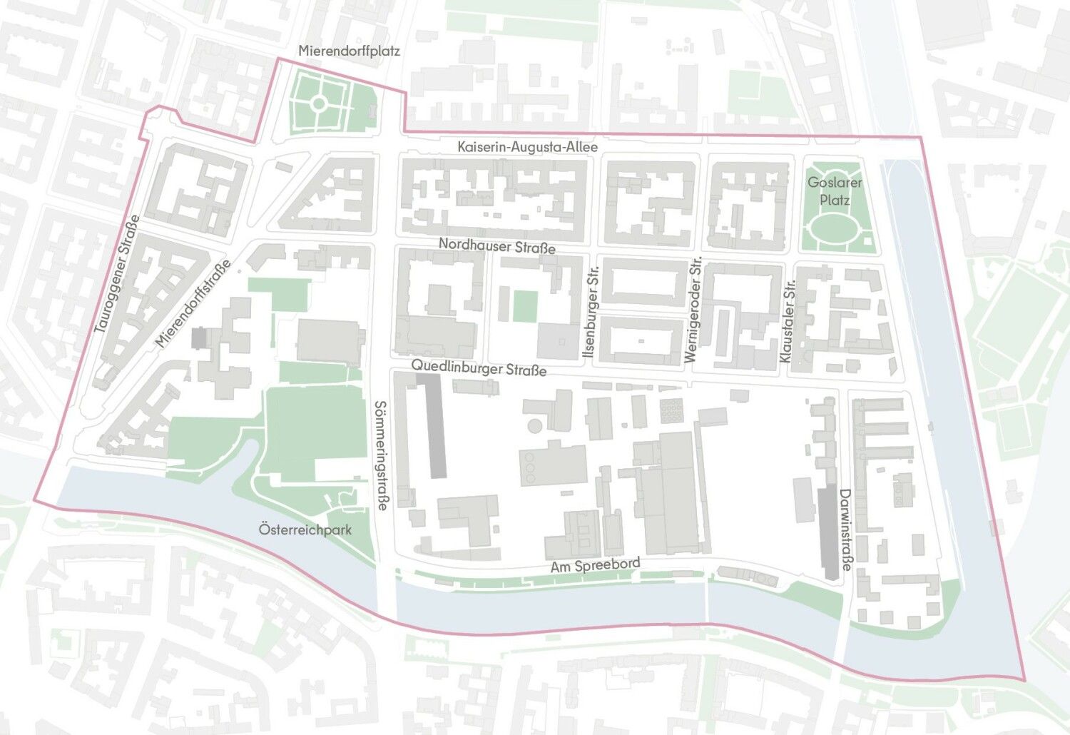 Karte der südlichen Mierendorffinsel, abgegrenzt durch die Spree, die Taurogener Str., den Mierendorffplatz, die Kaiserin-Augusta-Allee und den Charlottenburger Verbindungskanal.