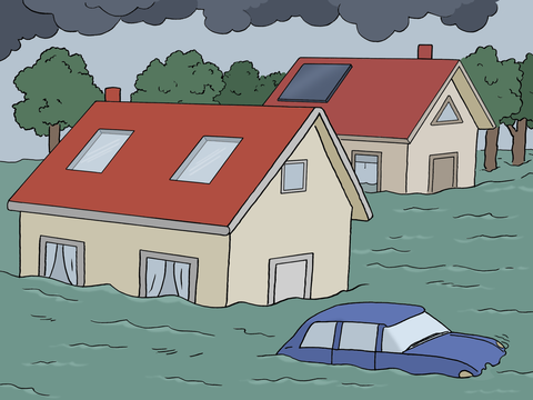 Häuser und Autos sind von einer Überschwemmung betroffen