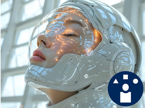 Frauenkopf mit futuristischem Helm mit DVV Piktogramm Future Skills