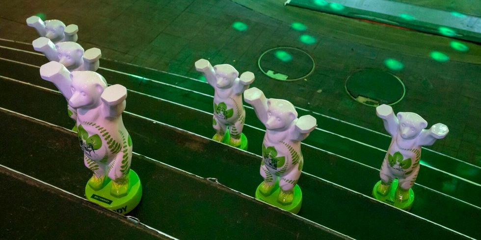Auf einer Treppe in einem grün beleuchteten Raum stehen sechs weiß-grüne Bären-Figuren.