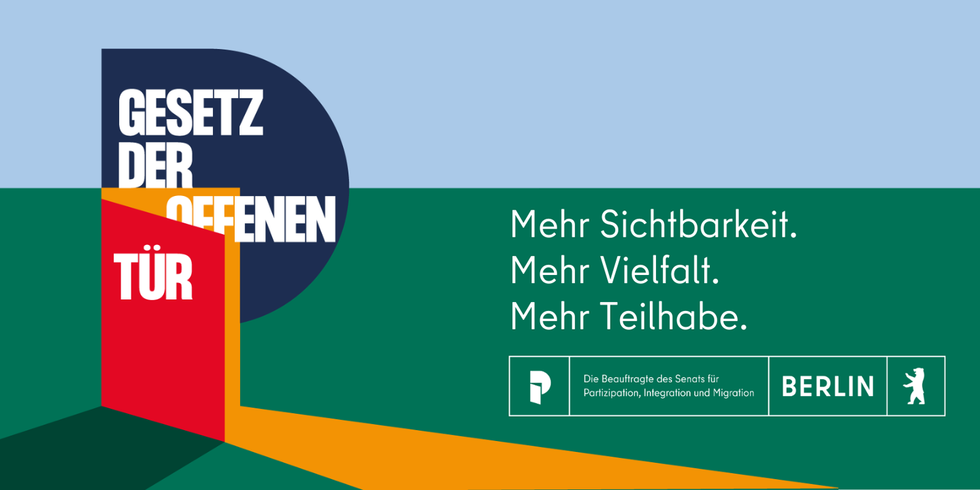 Titelbild zum Gesetz der offenen Tür mit dem Text "Das Partizipationsgesetz für eine moderne Verwaltung in der Migrationsgesellschaft" und dem Slogan "Mehr Sichtbarkeit. Mehr Vielfalt. Mehr Teilhabe.