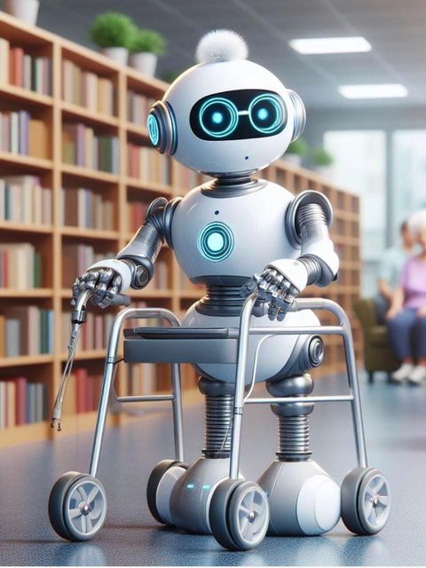 Roboter mit Rollator in einer Bibliothek