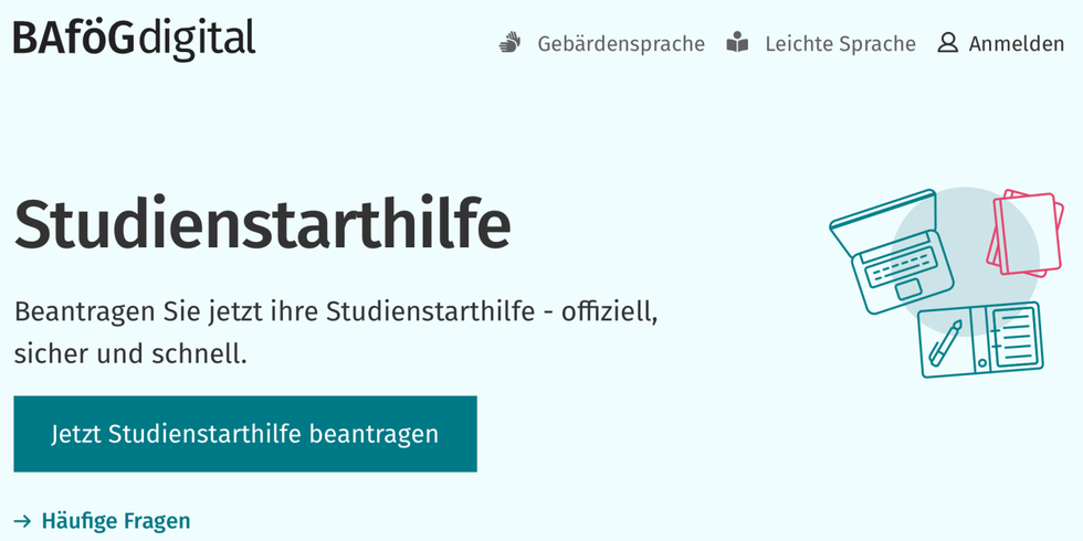 Startseite des Onlineportals BAföG Online