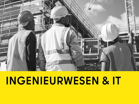 3 Personen auf Baustelle mit Warnwesten und Helmen, gelber Balken unten und schwarzer Schriftzug Ingenieurwesen & IT